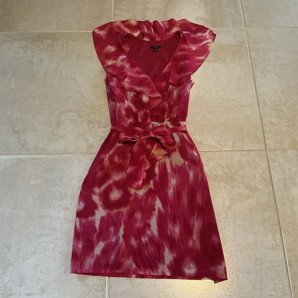 Ann Taylor Petite Dresses & Skirts - Ann Taylor Sz 0P Pink Silk V-Neck Ruffles Tie Gathered Waist Sleeveless Dress